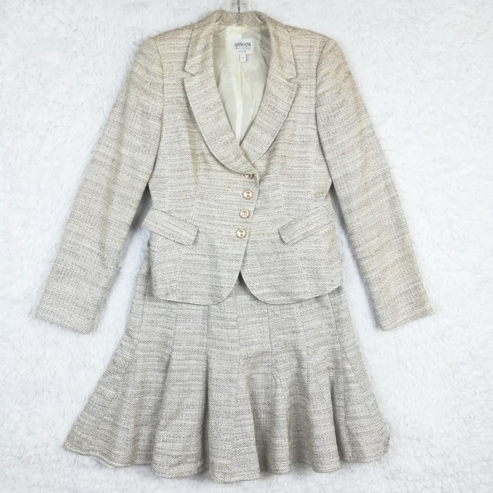 Armani Collezioni Womens Skirt Suit Set Beige Textured Tweed Blazer 2 Piece 6